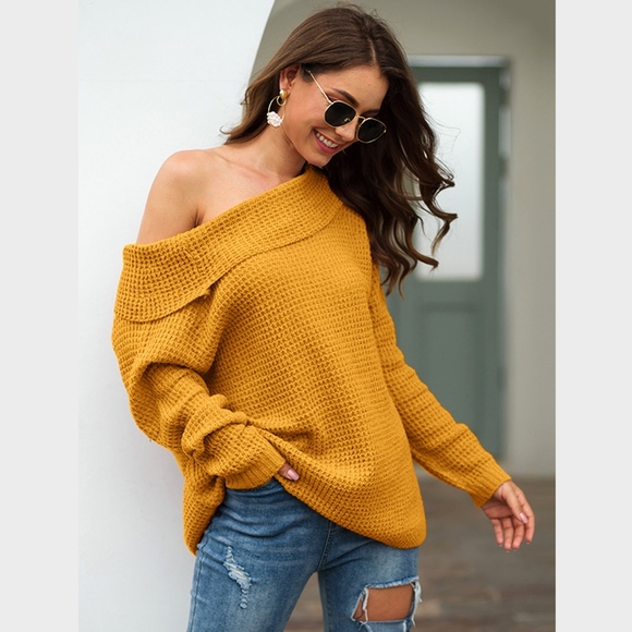 Ginger Yellow Off Shoulder Fold Over Sweater - Picture 3 of 7